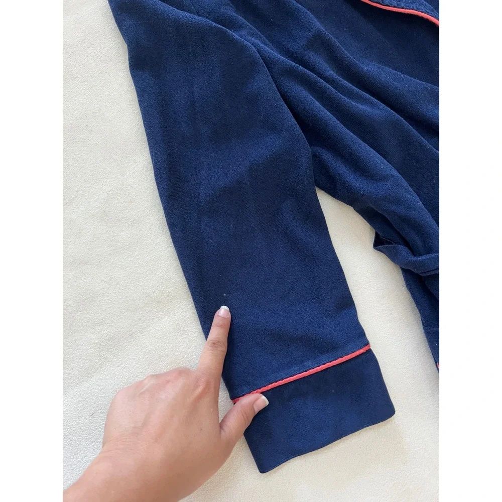 Vintage Pierre Cardin Navy Blue Full Length Robe Pink Trim Logo Embroidered